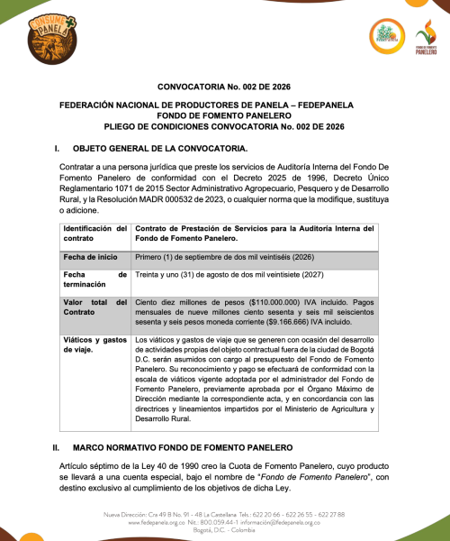 Convocatoria 002-2026 | Contratación auditoria interna Fondo de Fomento Panelero (2026-2027)